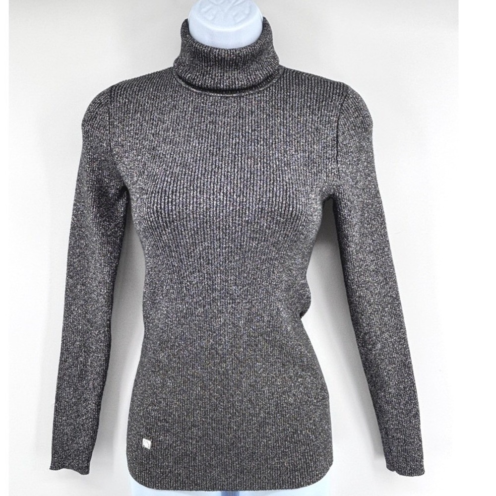 NEW Lauren Black Silver Metallic Rib Turtleneck Sweater Sz‎ S Old Money Capsule